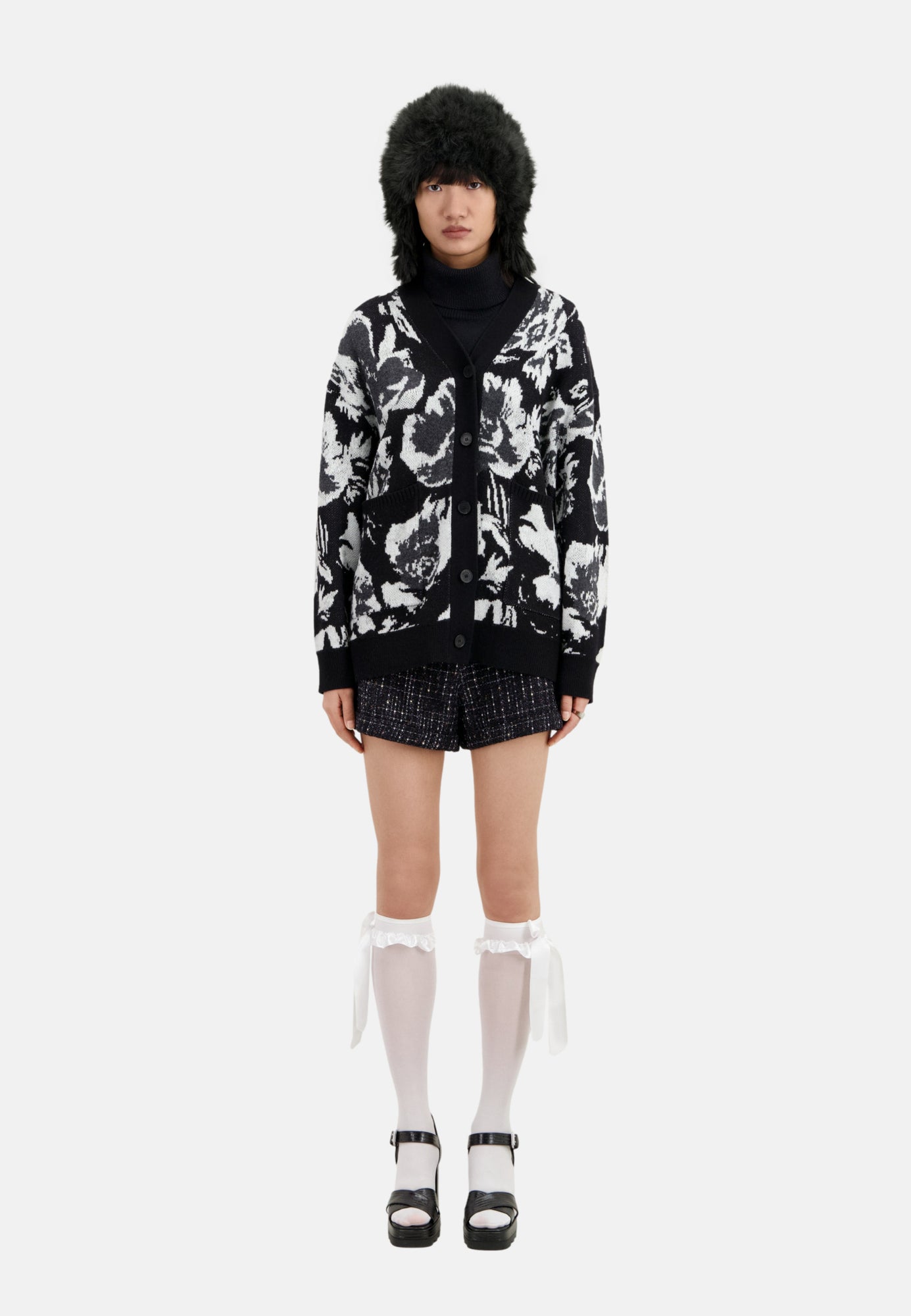 Wool-Blend Floral Cardigan | Women | Black x White