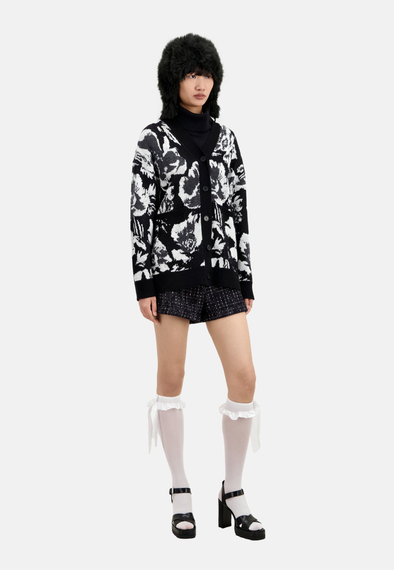 Wool-Blend Floral Cardigan | Women | Black x White