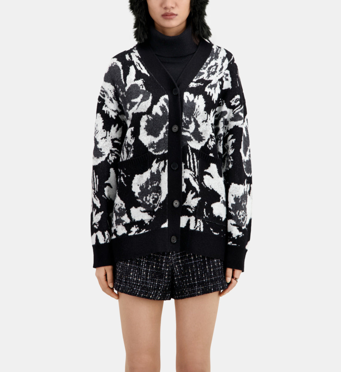 Wool-Blend Floral Cardigan | Women | Black x White