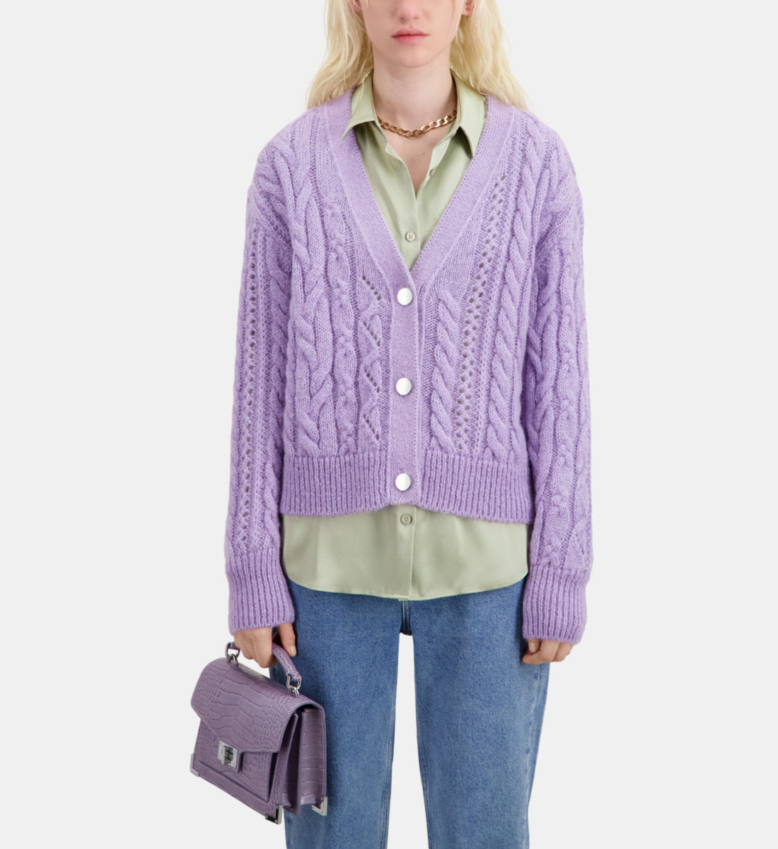 Mauve Cable-Knit Wool-Blend Cardigan | Women | Violet