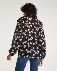 Loose V-Neck Shirt With Flowers | Women | Black x Ecru