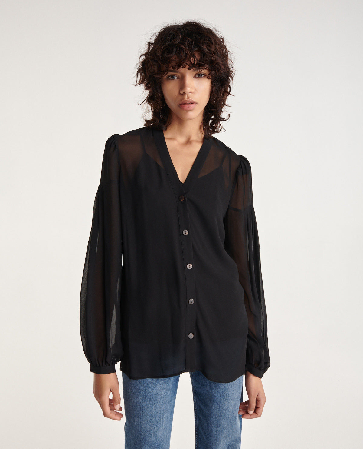 Loose V-Neck Buttoned Shirt | Women | Black