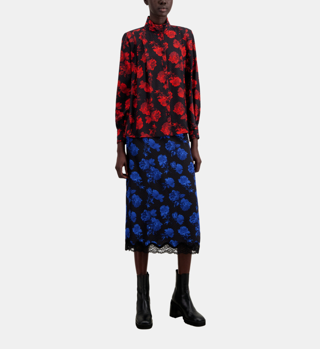 Printed Silk Top With Pleating | Women | Black x Red