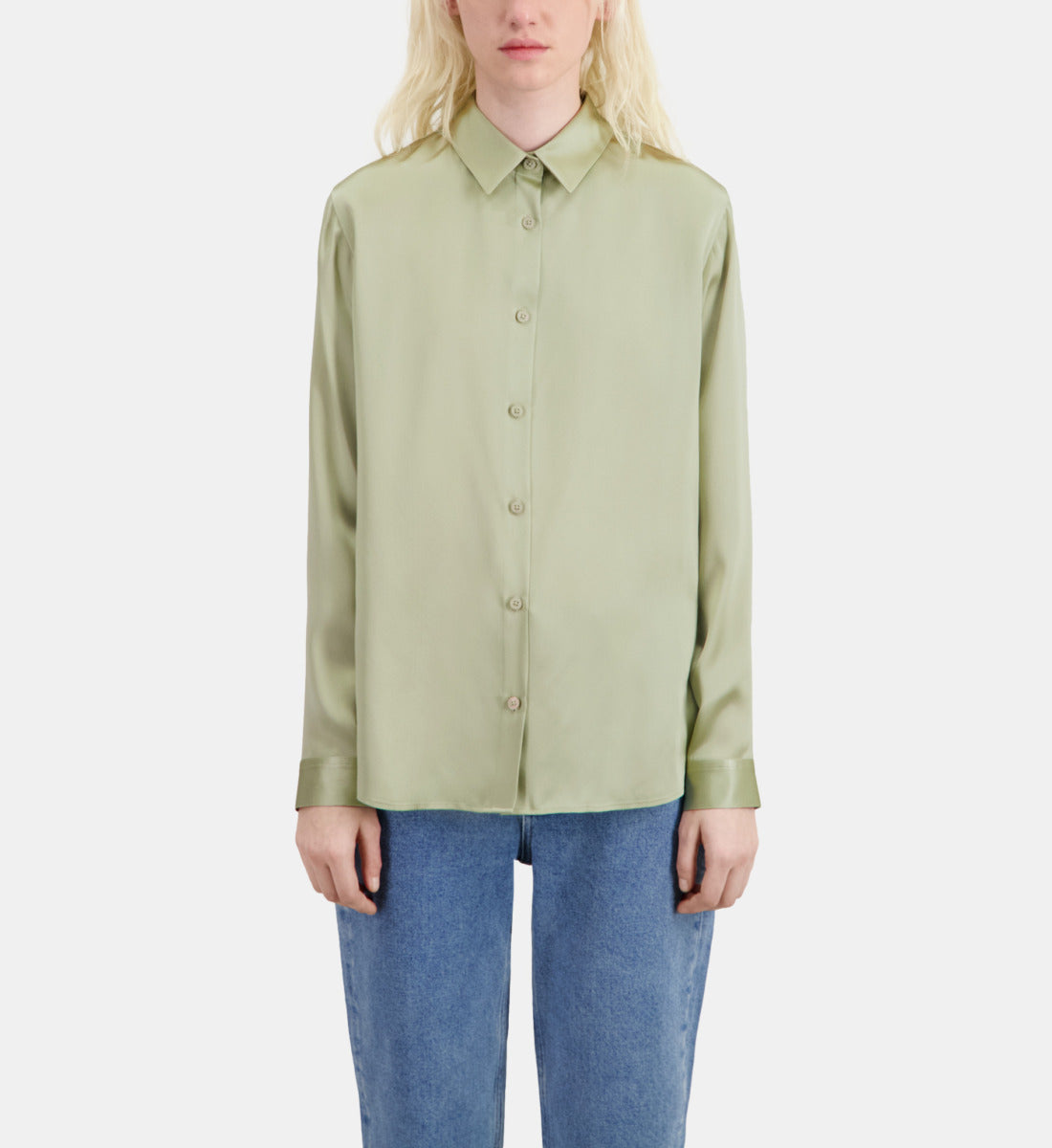 Light Green Satin Silk Shirt | Women | Khaki Grey