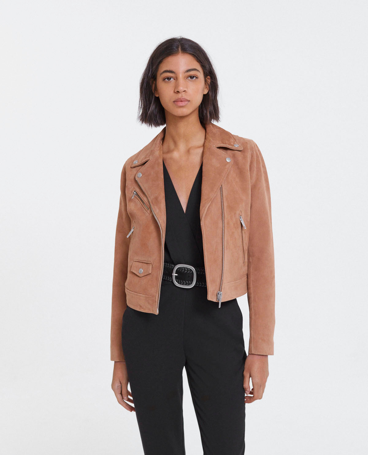 Suede Leather Zipped Biker Jacket | Women | Camel