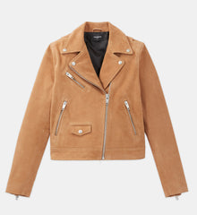 Suede Leather Zipped Biker Jacket | Women | Camel