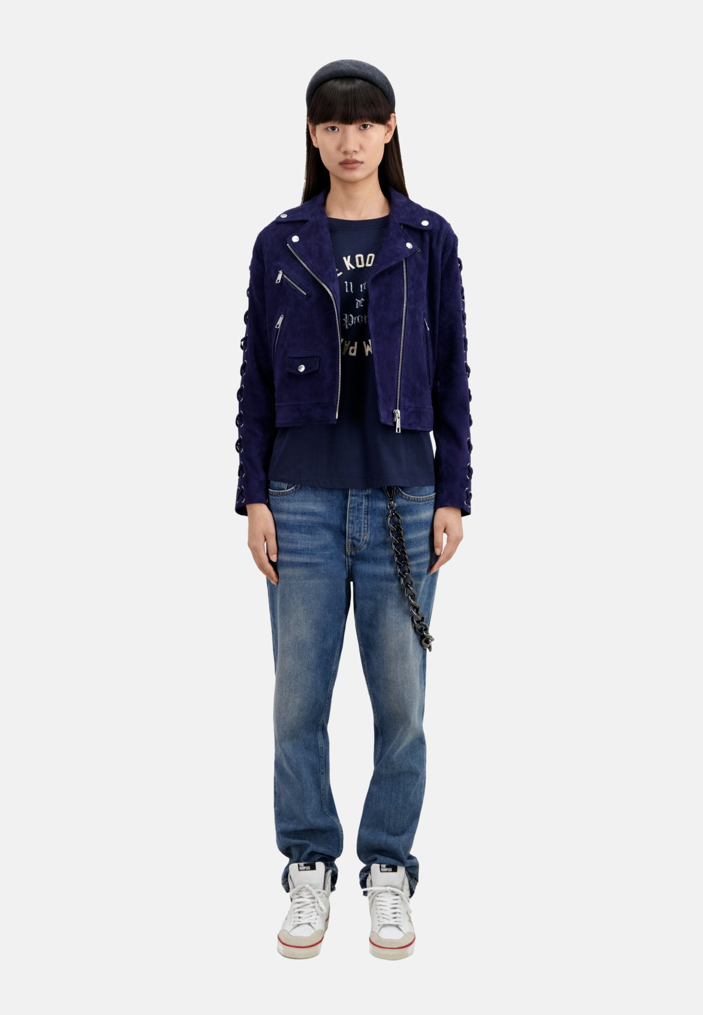 Navy Suede Leather Biker Jacket | Women | Dark Blue