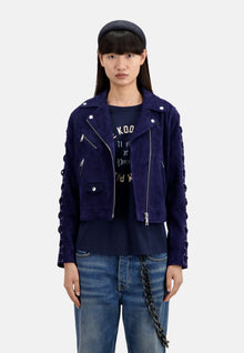 Navy Suede Leather Biker Jacket | Women | Dark Blue