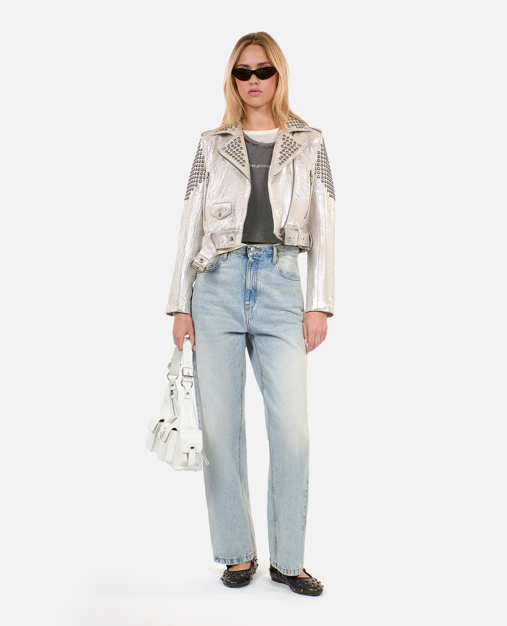 Studded Silver Leather Jacket | Women | 52 Argent Vieilli Corne