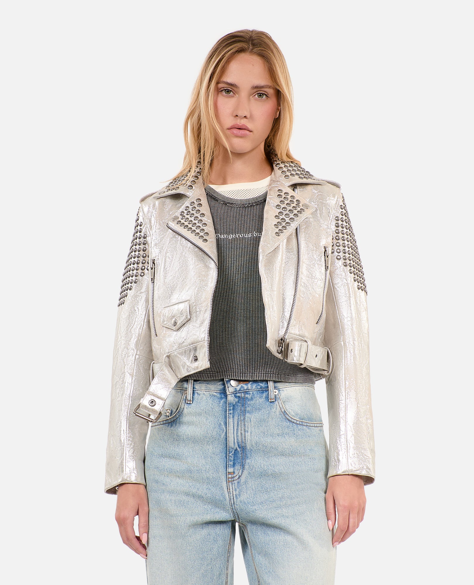 Studded Silver Leather Jacket | Women | 52 Argent Vieilli Corne