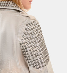 Studded Silver Leather Jacket | Women | 52 Argent Vieilli Corne