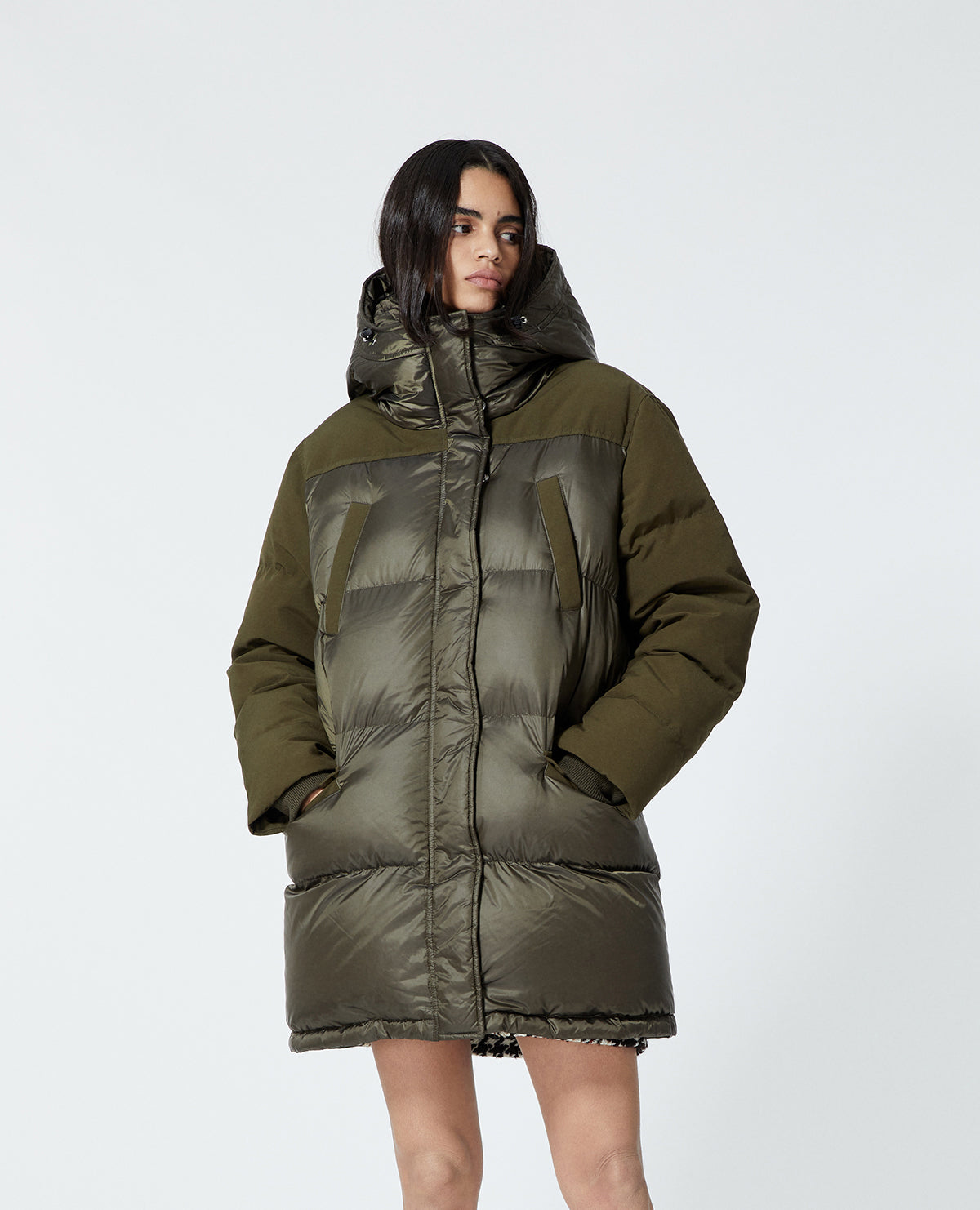 Dual-Material Long Down Jacket | Women | Khaki