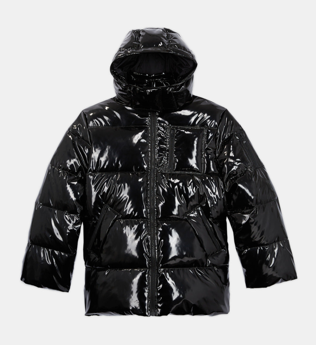 Oversized Vinyl Down Jacket With Straps And Logo | Women | Black