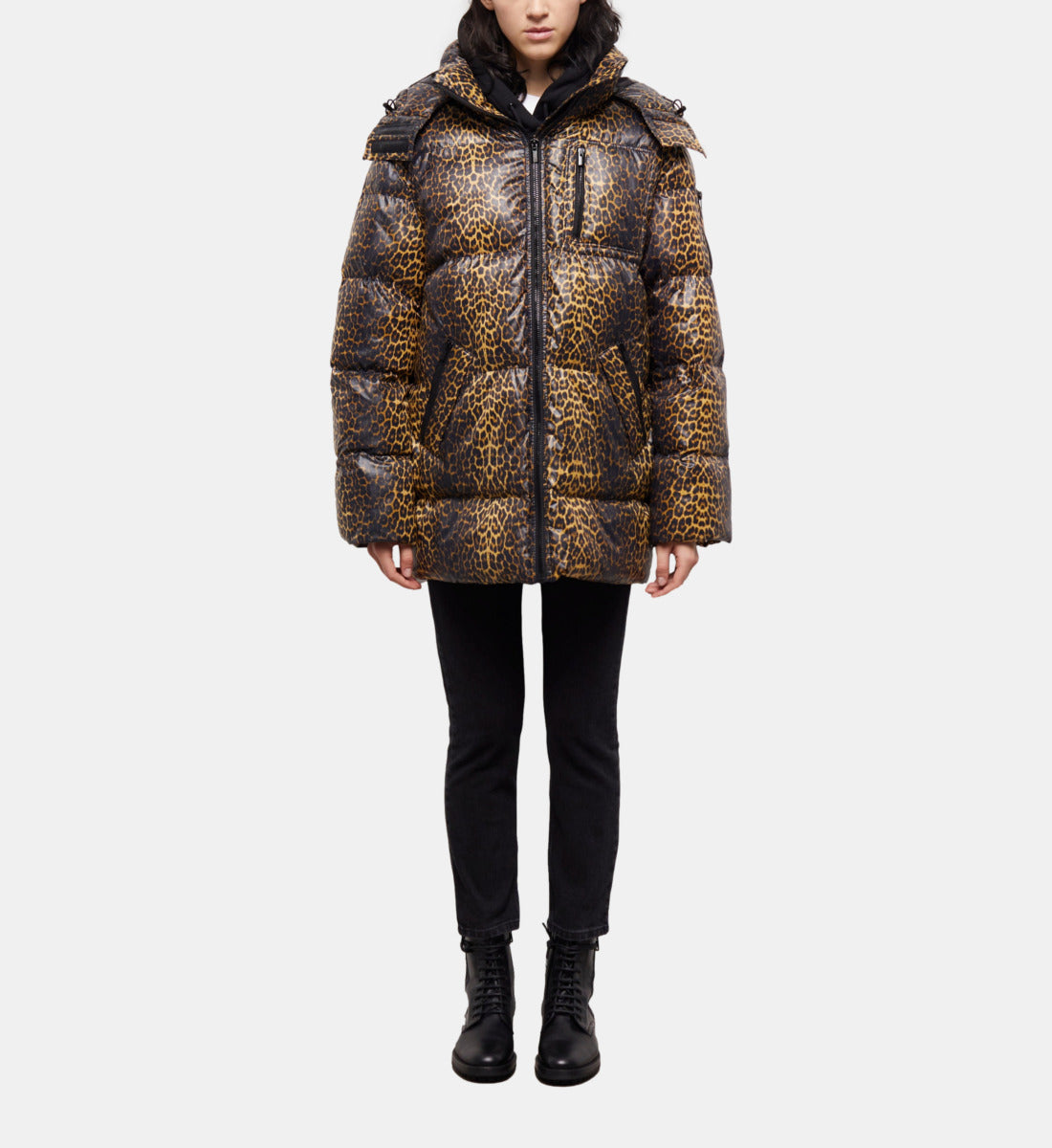 Print Oversized Down Jacket With Straps And Logo | Women | Leopard