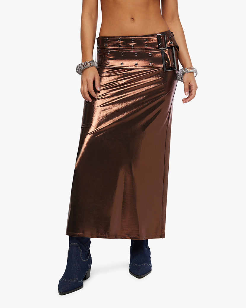 Double Belt Midi Skirt | Brown