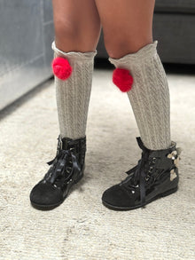 Knee High Socks with Poms Pom | Grey & Red