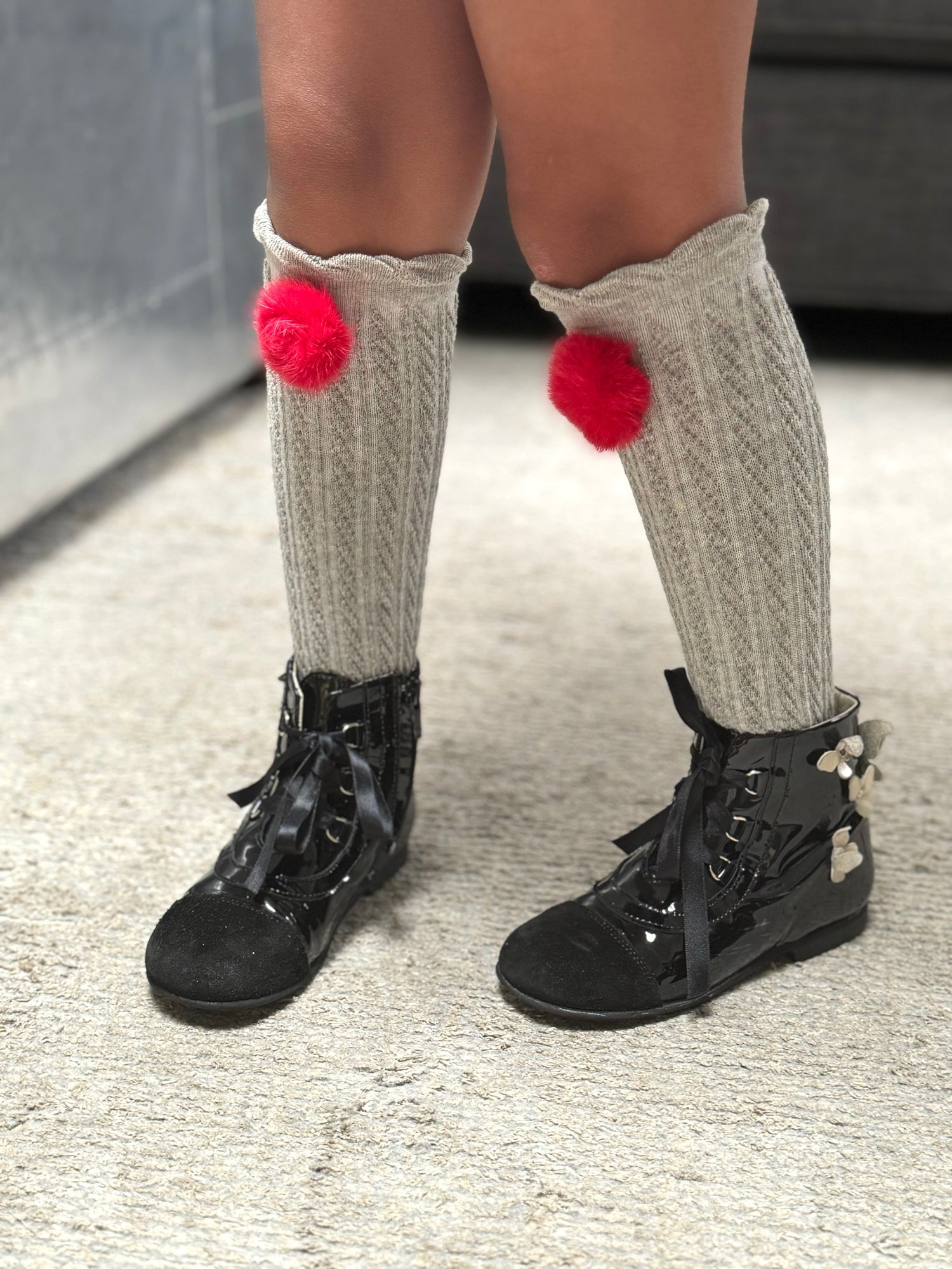 Knee High Socks with Poms Pom | Grey & Red