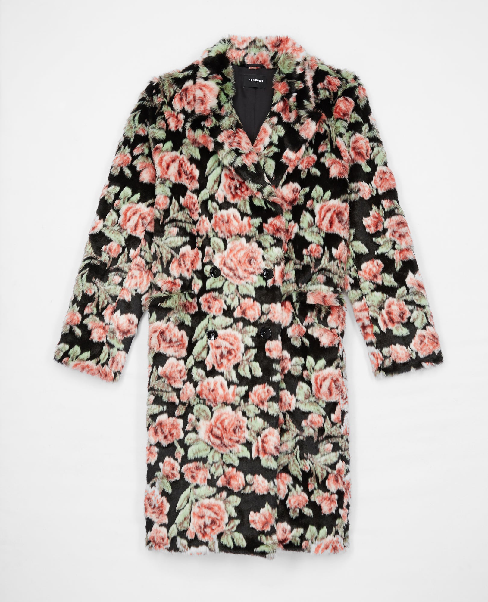 Long Fur Coat With Neon Rose Print | Women | Black x Pink