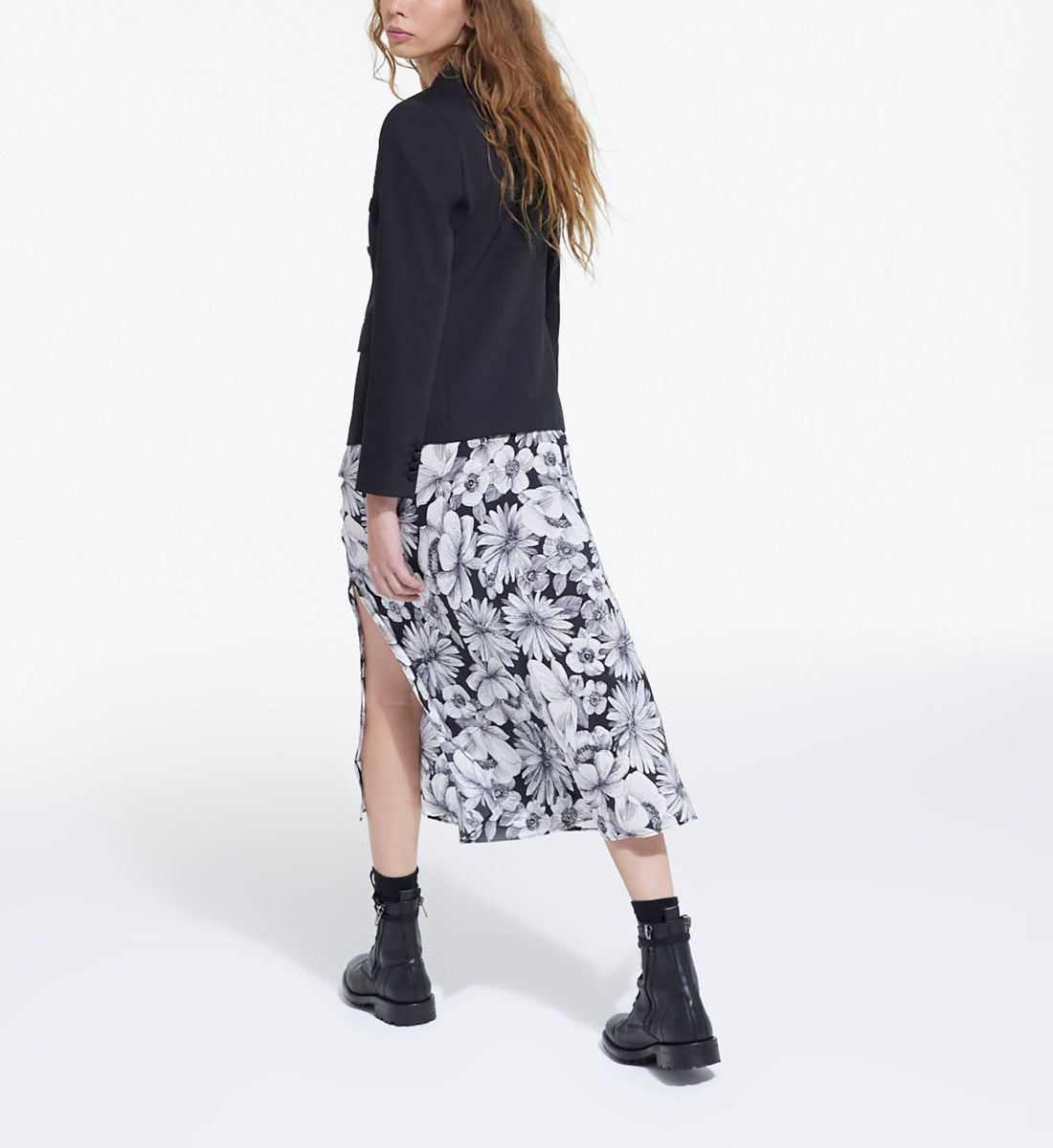 Long Floral Silk Skirt | Women | Black x White