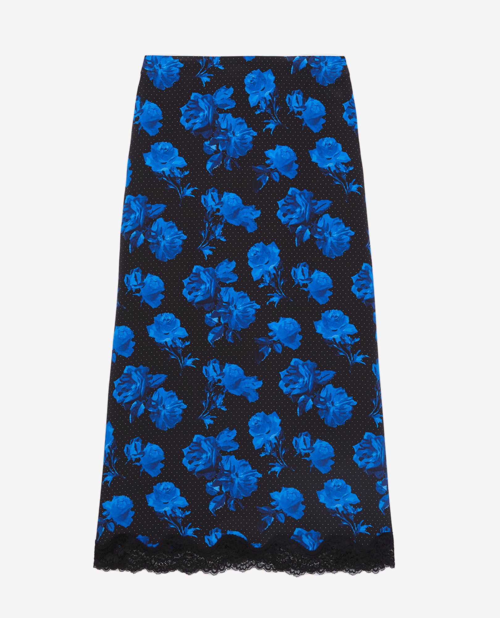 Long Printed Silk Skirt With Lace Details | Women | Black Blue