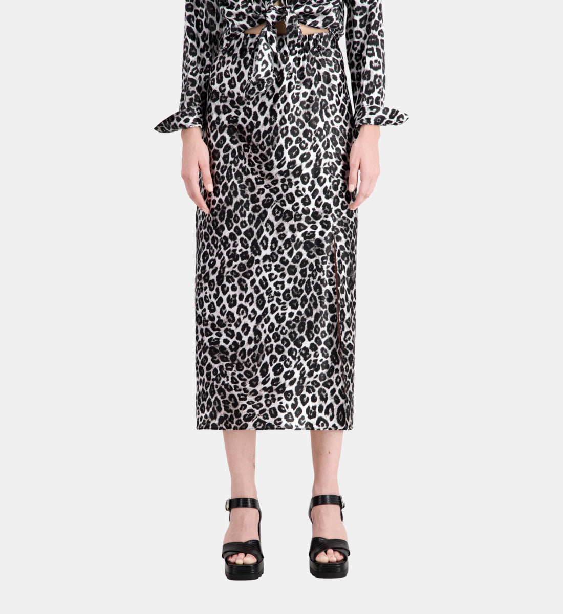 Long Printed Silk Skirt | Women | Black x White Leopard