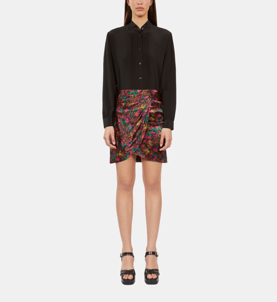 Featherprint Short Silk Skirt With Draping | Women | Multicolorlor