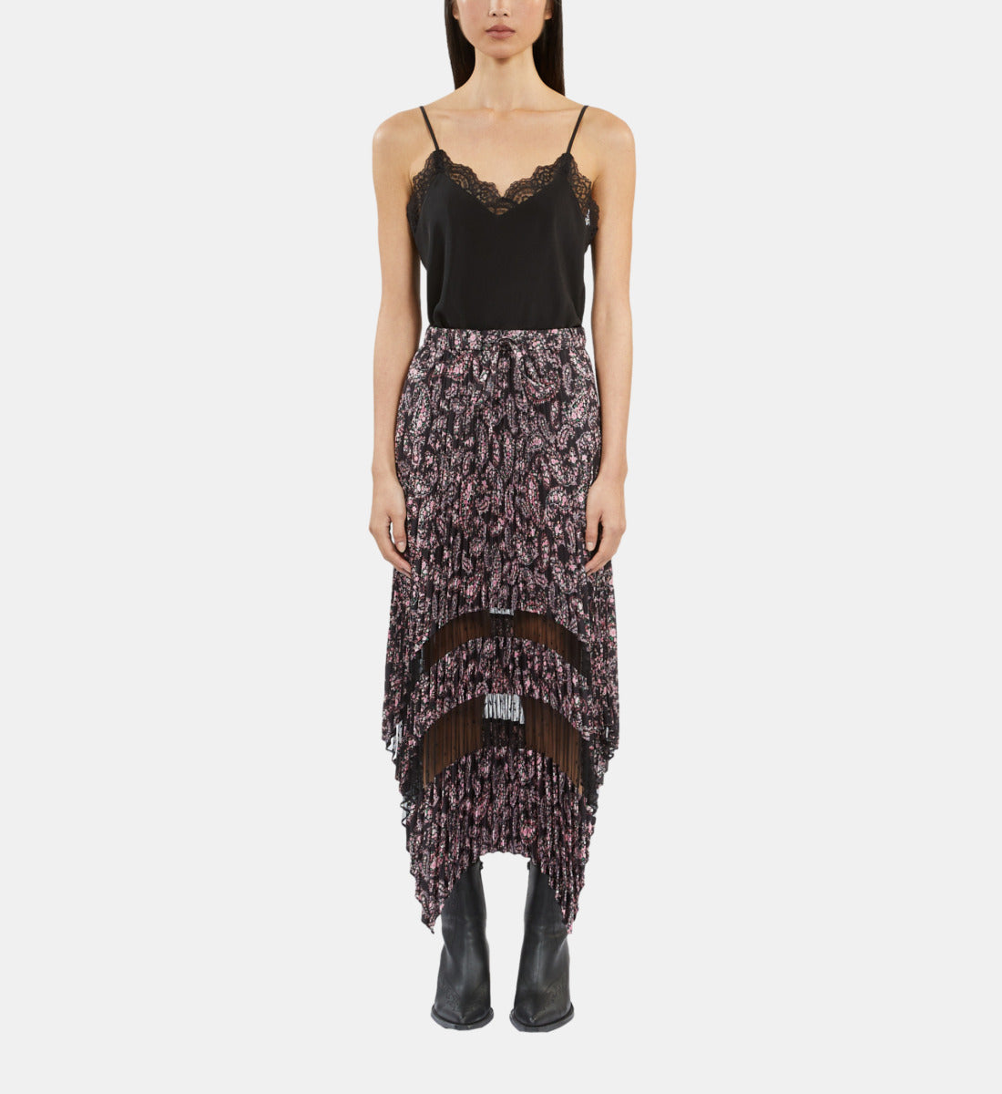 Paisley Print Pleated Long Skirt With Mesh Inserts | Women | Black x Pink