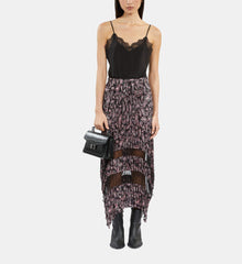 Paisley Print Pleated Long Skirt With Mesh Inserts | Women | Black x Pink