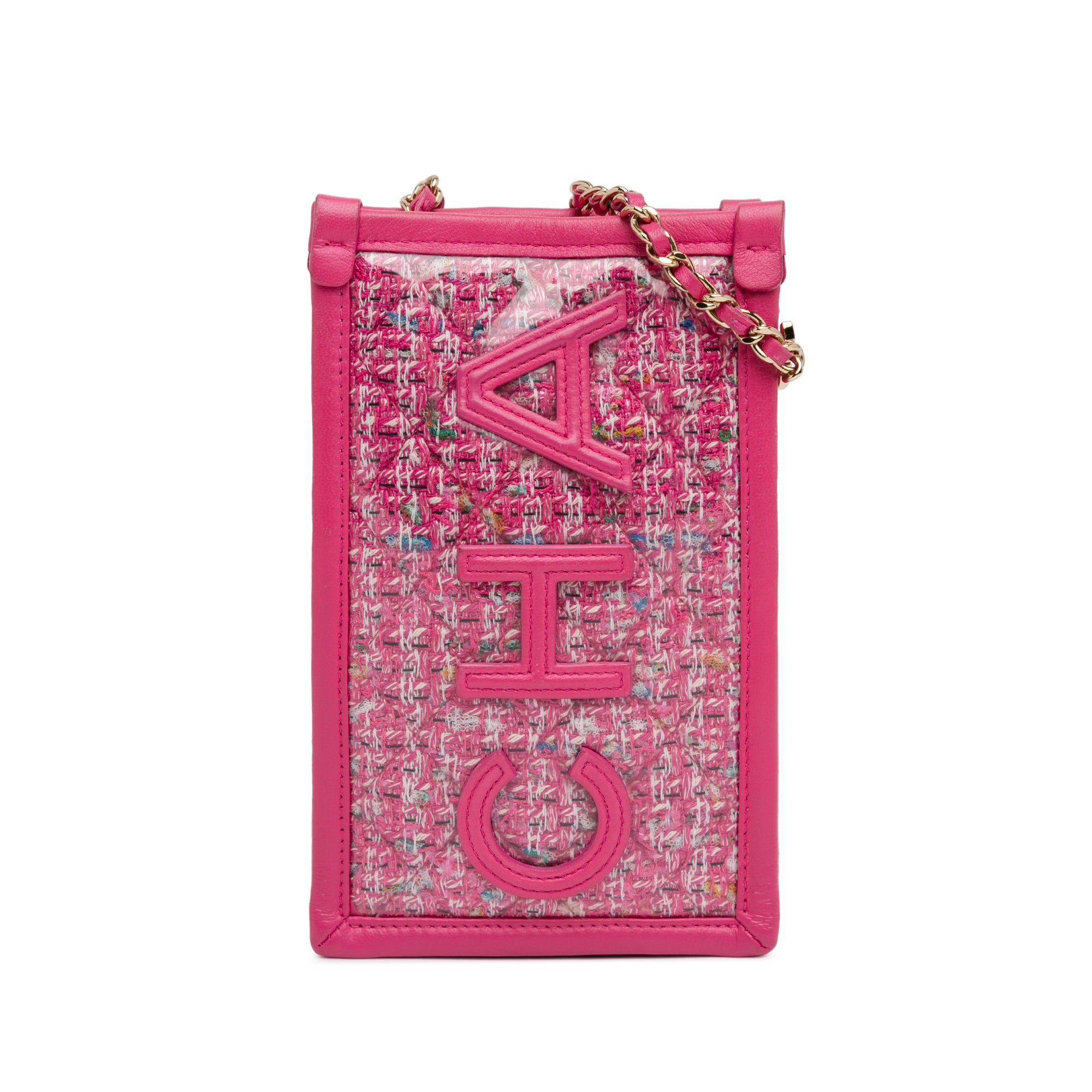 Chanel | Pre-Owned Tweed and PVC Phone Clutch with Chain | Pink