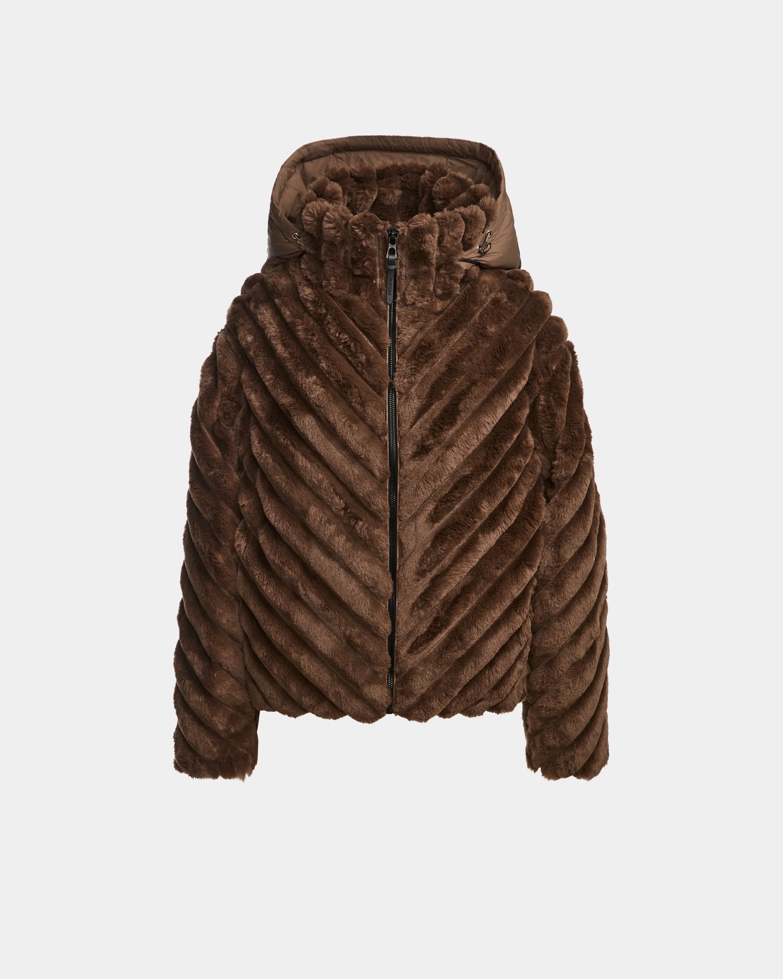 The ANASTASIA - 8124804 Espresso by Rudsak is a brown faux fur winter jacket with a hood, front zipper, diagonal ribbed texture, and long sleeves. It boasts a plush, soft look and is photographed on a plain white background.