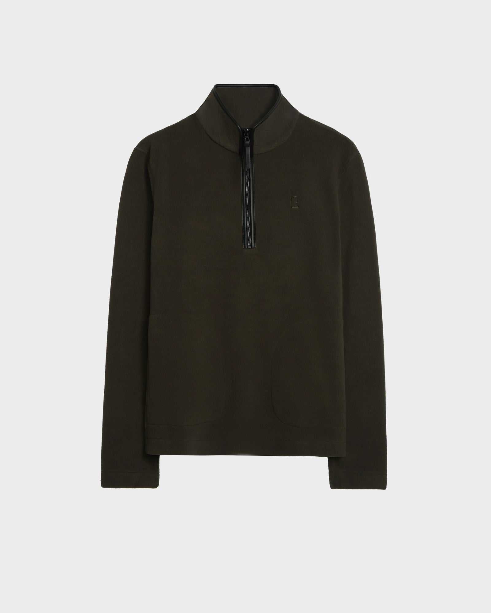 The BECK - 6524538 Army by Rudsak is a men’s dark brown fleece pullover with a stand collar, black half-zip closure, vegan leather trims, two front pockets, and minimalist style, shown against a plain white background.