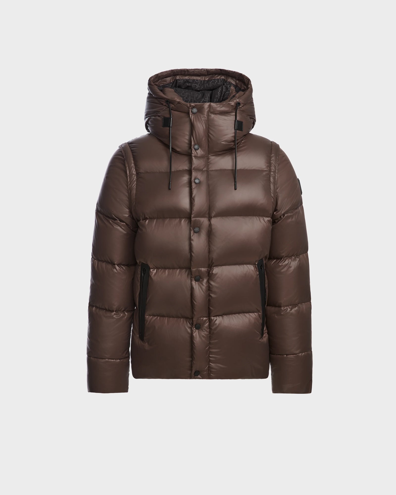 The Rudsak BOBBY - 6124506 Espresso is a brown mens quilted down puffer with a water-resistant shell, hood, front zipper, snap buttons, and two zippered side pockets shown on a plain white background.
