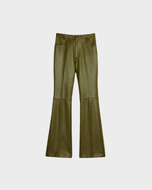 Rudsak CARISSA - 8524545 Loden Green womens faux leather pants feature front pockets, button and zipper closure, and dramatic wide bell-bottom legs, shown against a plain white background.