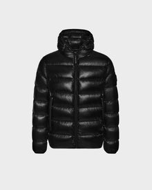 The Rudsak DEMIAN S - M123508 Black is a shiny black mens down puffer jacket featuring premium fill, a hood, front zipper, and horizontal quilting. Water- and wind-resistant, its shown against a light gray background for ultimate style and protection.