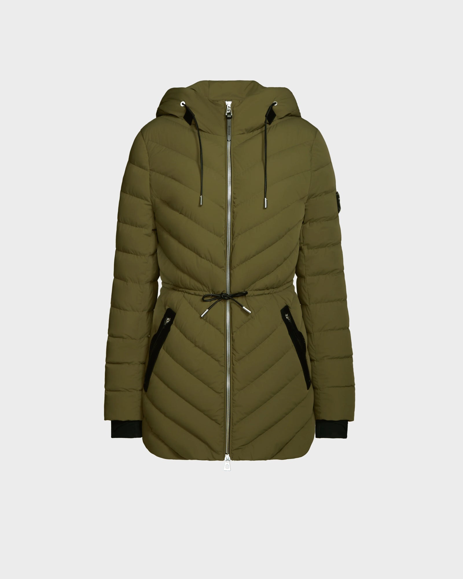 The FRANCINE - 8124722 Loden Green by Rudsak is a women’s light down puffer jacket with hood, front zipper, black drawstring waist and zippered pockets, made with RDS-certified down. Shown on a plain light background.