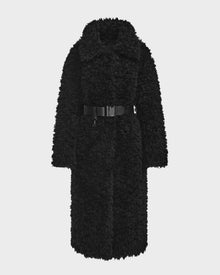 The KAMILAH - 8124827 Black by Rudsak is a long, black, curly faux fur womens trench with a wide collar and vegan leather belt, shown on a plain white background.