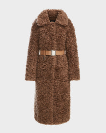 The Rudsak KAMILAH - 8124827 Camel is a womens long brown faux fur trench coat with a wide collar and vegan leather belt, shown against a plain white background.