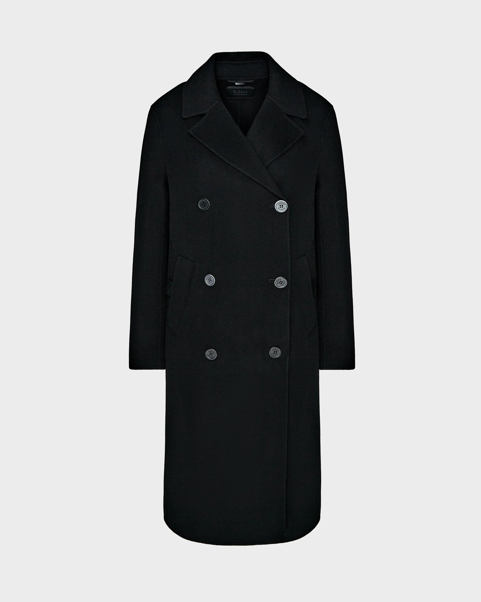 The Rudsak LAYLAH - 8124699 is a long black womens wool coat with a wide collar and six front buttons, presented against a plain light gray background.