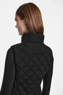 A woman with straight, light brown hair is shown from the back, wearing the Rudsak MATILDA - L124504 Black quilted jacket with an embroidered collar, set against a plain white background.