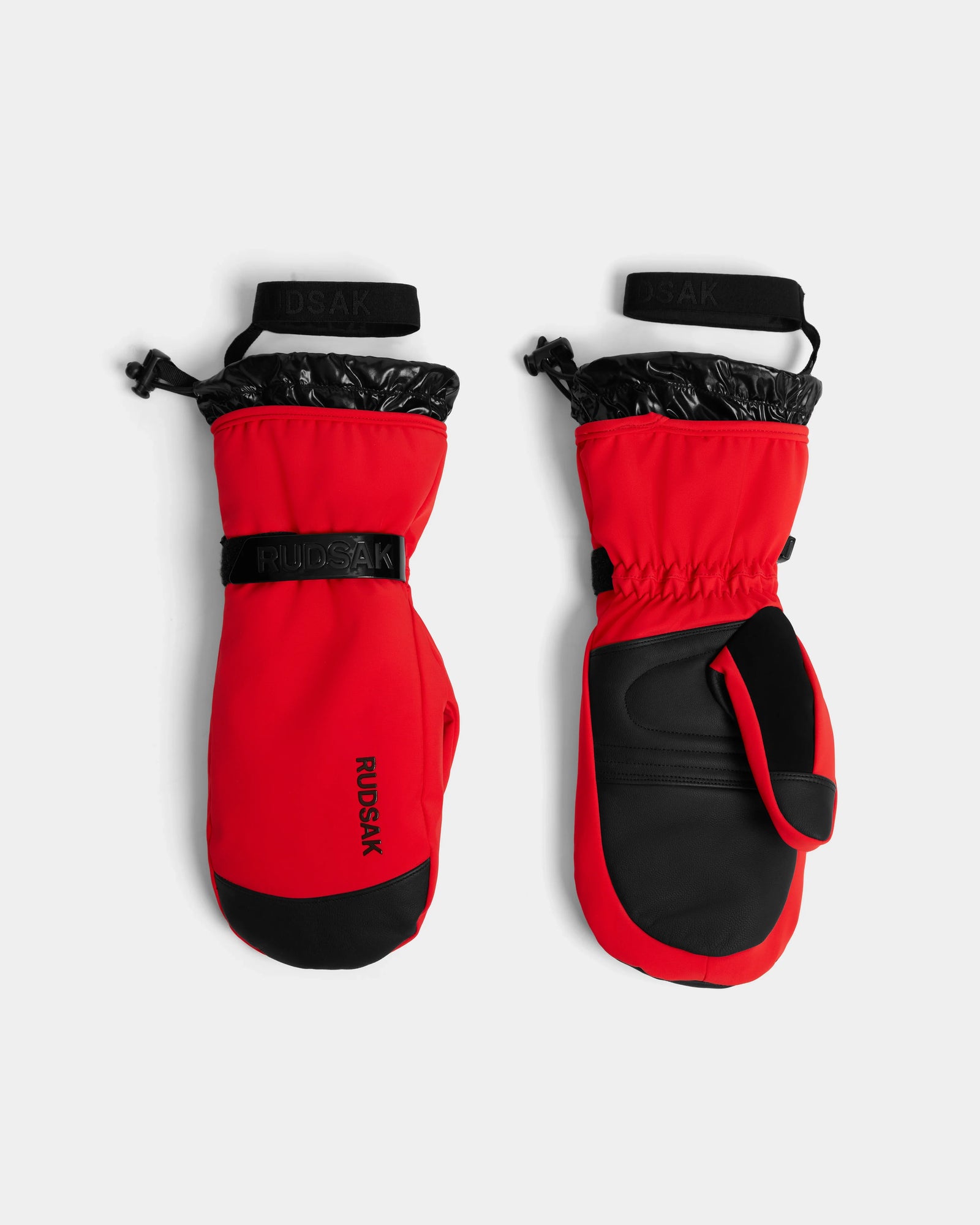 Rudsak OLTEN - 8424513 Flame Red insulated mittens with black accents, adjustable wrist straps, and elastic cuffs—perfect for winter adventures—are shown on a plain white background.
