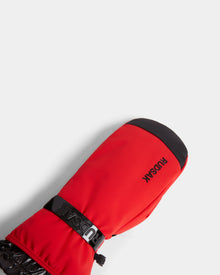 The Rudsak OLTEN - 8424513 Flame Red mitten, featuring black text, is perfect for your next winter adventure.