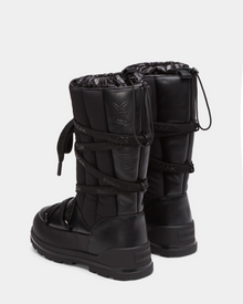 The RODIN - 8224502 Black womens winter boots by Rudsak feature insulation, thick anti-slip soles, drawstring closures, and branded wraparound straps, shown from the back and side on a white background.