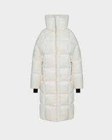 The SASH - 8124536 Iceland by Rudsak is a long white womens down puffer coat with a high collar, quilted design, black inner cuffs, and zippered side pockets, shown on a plain light background.
