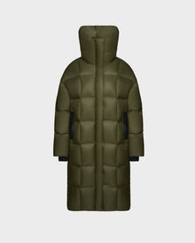 The Rudsak SASH - 8124536 Loden Green womens long down puffer coat, crafted from RDS-certified down, features a high padded collar, quilted design, and black sleeve accents—ideal winter outerwear shown on a white background.