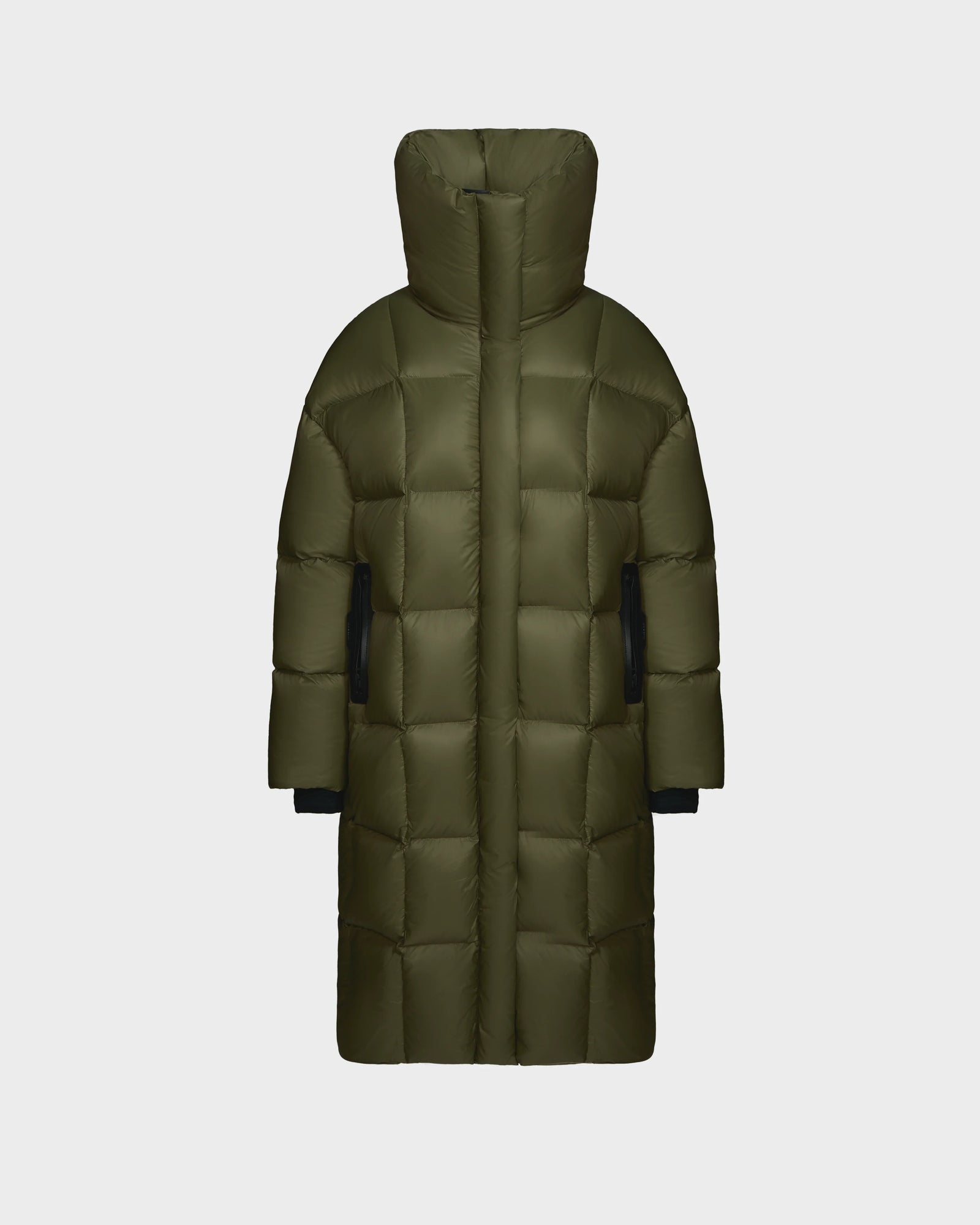 The Rudsak SASH - 8124536 Loden Green womens long down puffer coat, crafted from RDS-certified down, features a high padded collar, quilted design, and black sleeve accents—ideal winter outerwear shown on a white background.