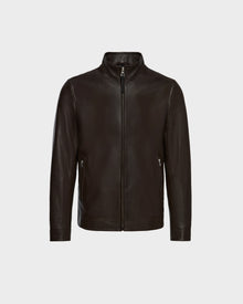 The STEVEN - 6124541 Espresso by Rudsak is a classic mens leather jacket featuring a front zipper, high collar, and zippered side pockets, shown against a plain white background.