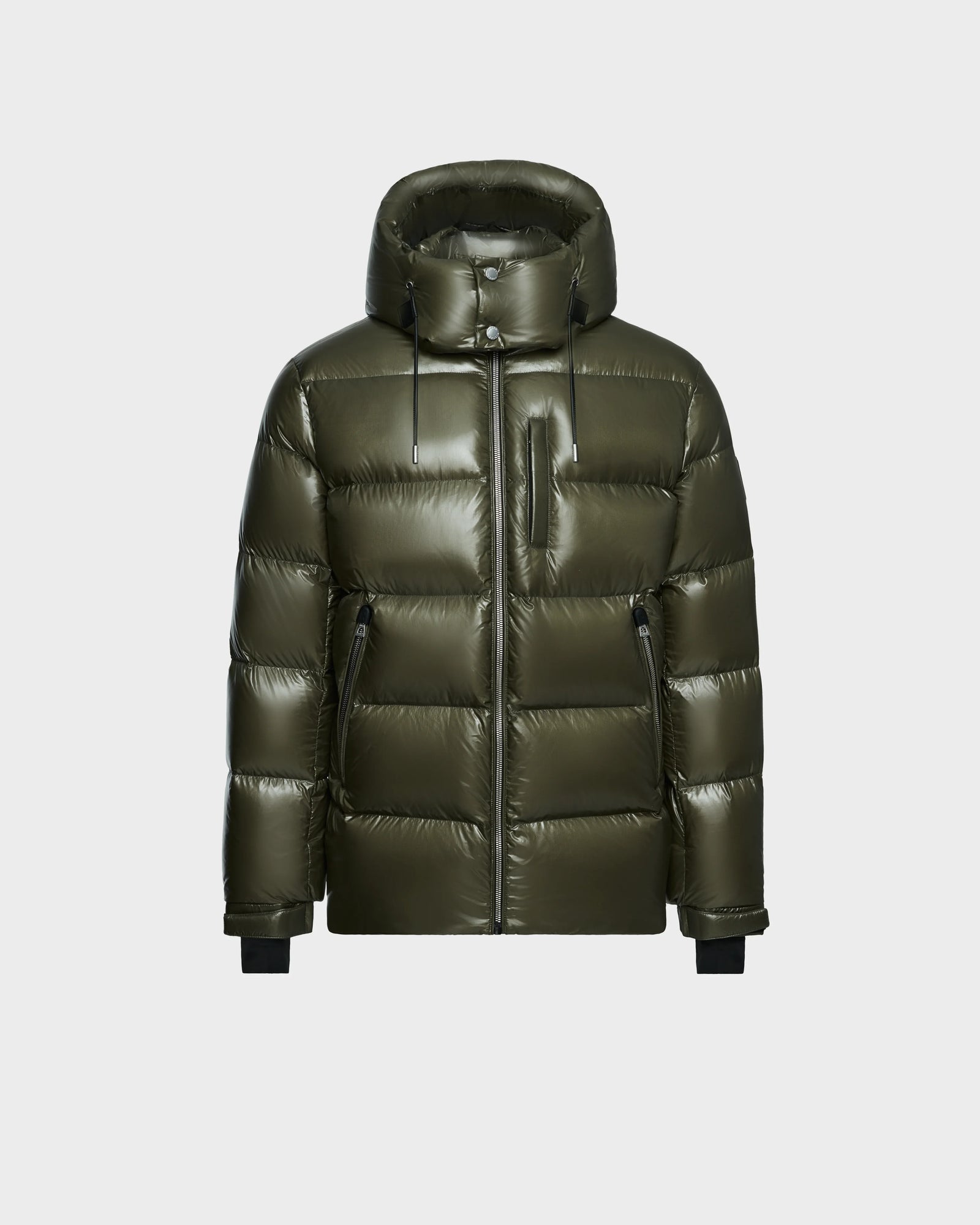 The Rudsak VINCE S - 6124560 Loden Green men’s down puffer jacket features RDS-certified fill, a hood, front zipper, two side zip pockets, chest zip pocket, and black ribbed cuffs—all on a plain light gray background.