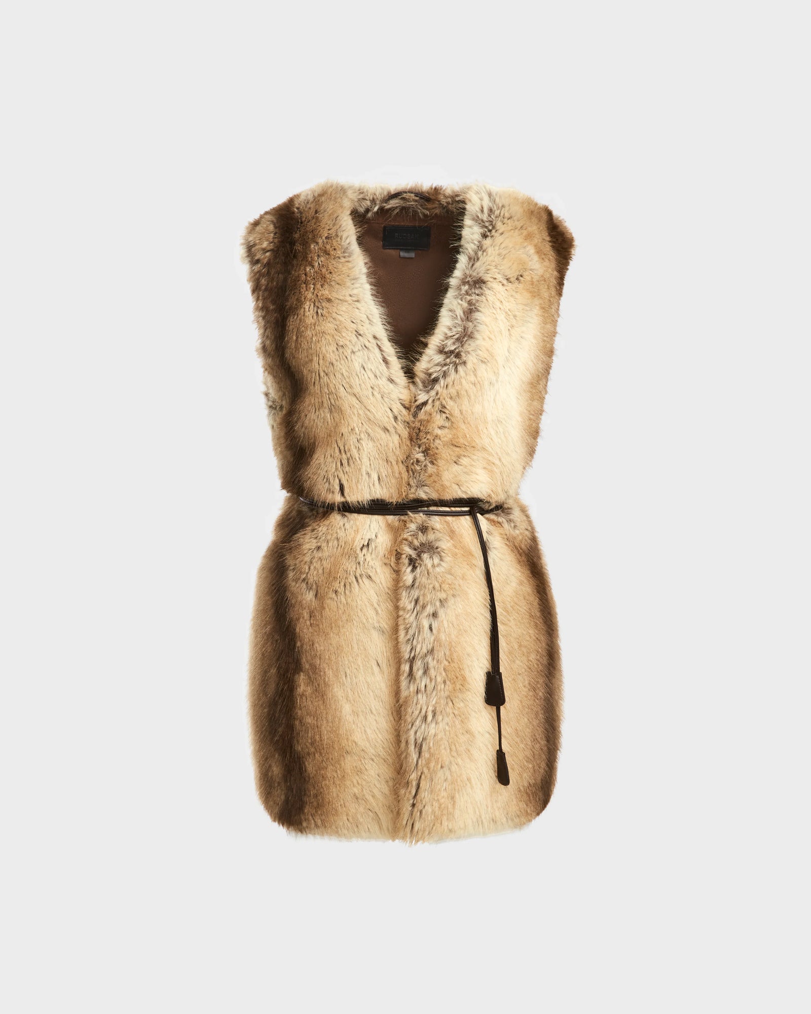 The YOLANDA - 8124790 Mocha by Rudsak is a women’s faux fur vest with a chic vegan leather belt—ideal for upgrading your fall and winter style.