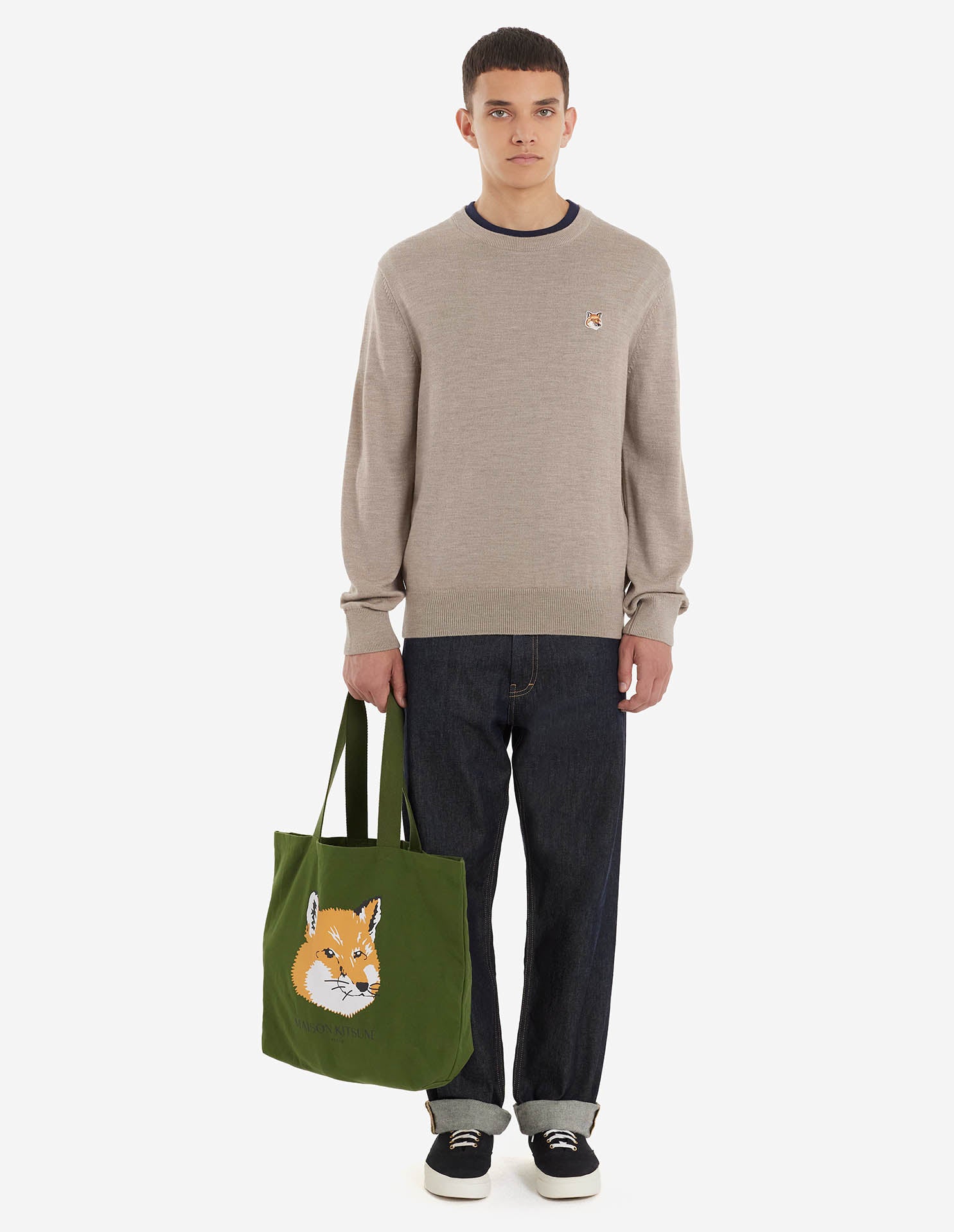Mens | Fox Head Patch Regular R-Neck Wool Jumper | Beige Melange