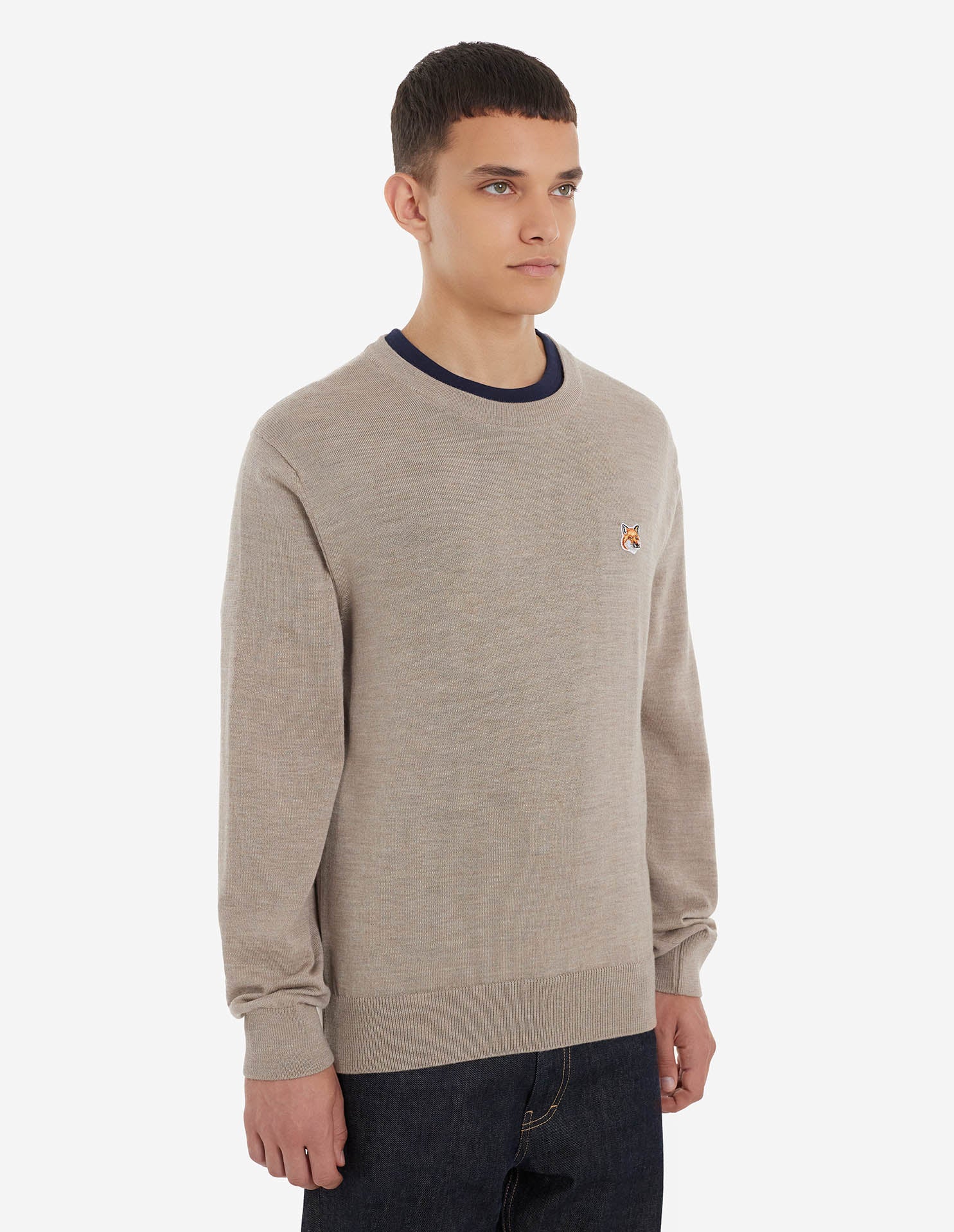 Mens | Fox Head Patch Regular R-Neck Wool Jumper | Beige Melange